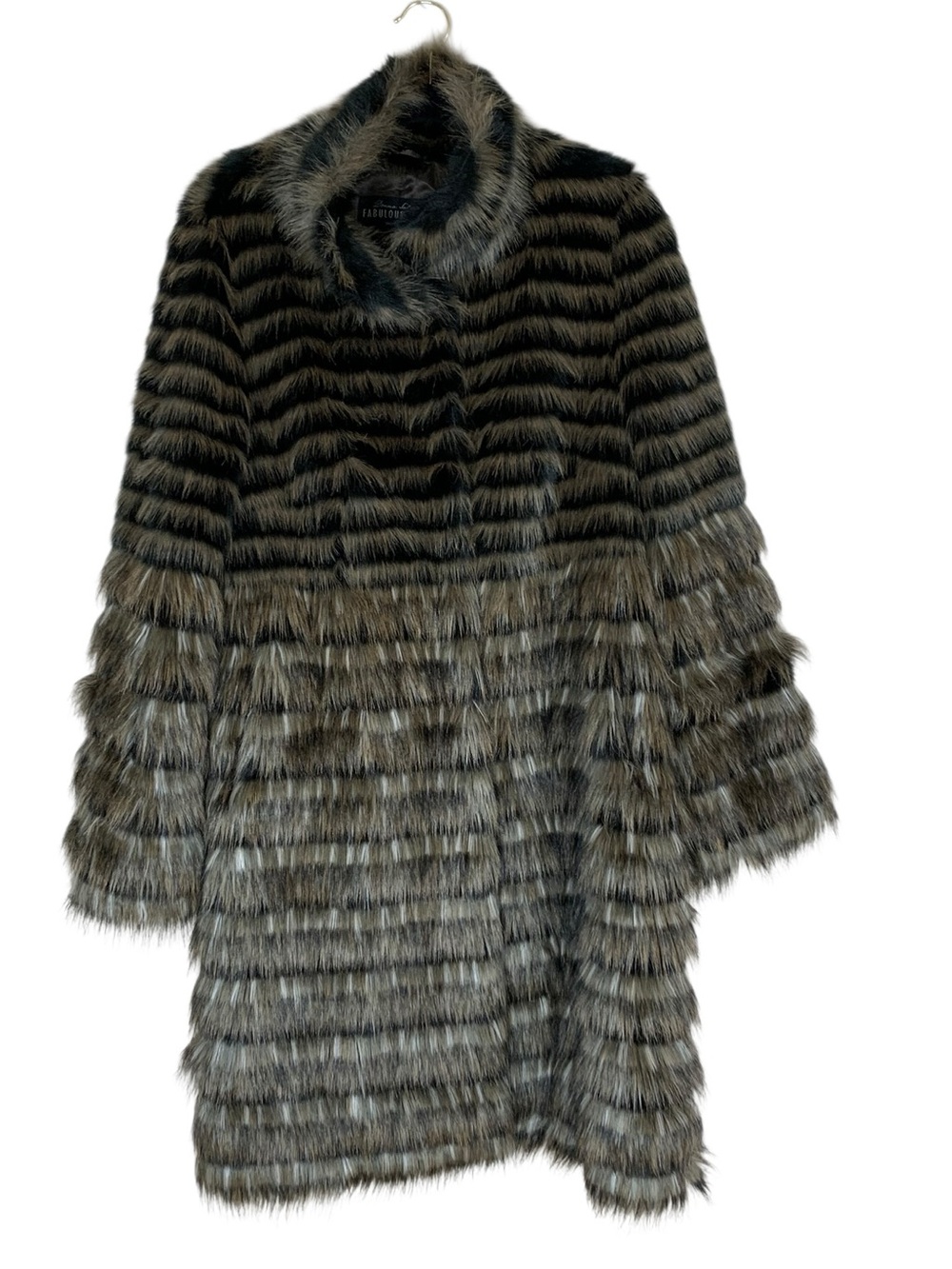 Women's Donna Salyers Fabulous Furs Brown Black Striped Faux Fur Overcoat Size L